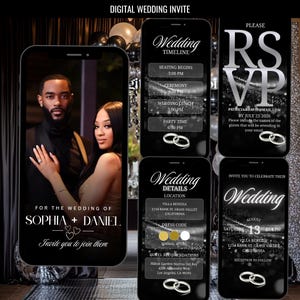 Può includere: Un set di inviti di nozze digitali visualizzato su cinque schermi di smartphone con un tema nero e argento. I design includono la foto di una coppia, il programma, i dettagli RSVP, la posizione, il dress code e la data con anelli argentati.
