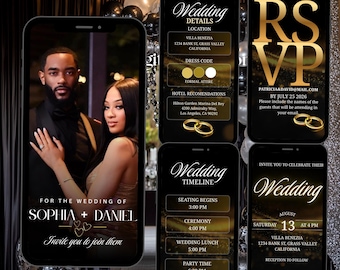 May include: Digital wedding invitation design featuring a black and gold theme. The design includes a photo of a couple, wedding details, RSVP information, and a timeline. The text includes the names Sophia and Daniel.