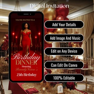 Pu&ograve; includere: Un invito digitale per una cena di compleanno su uno schermo di smartphone. L'invito presenta una donna in abito rosso, con il testo "Cena di compleanno" e "25&deg; compleanno". I pulsanti offrono opzioni per aggiungere dettagli, immagini e musica, modificare su qualsiasi dispositivo, modificare su Canva e 100% modificabile.
