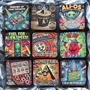 May include: Nine colorful square coasters with various designs and text. Each coaster features a different cartoon illustration and text related to conspiracy theories, alien encounters, and mind control. The coasters are made of a durable material and are perfect for adding a touch of whimsy to any home.