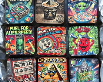 Conspiracy Snack Magnets – Funny 3x3” Retro Parody Magnets