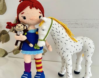 Crocheted baby doll for sale,Amigurumi Pippi doll, handmade red-haired doll