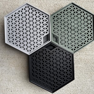 May include: Three hexagonal trays in gray, green, and black. Each tray features a geometric triangular pattern and a small rectangular cutout. The trays are arranged on a textured concrete surface.