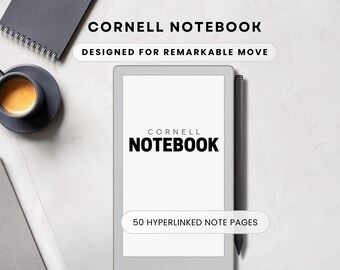 May include: A digital Cornell Notebook with the text "CORNELL NOTEBOOK" and "DESIGNED FOR REMARKABLE MOVE". The notebook has 50 hyperlinked note pages. A cup of coffee and a stylus are also visible.
