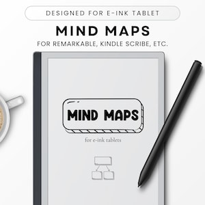 Op de afbeelding: Een zwart-witte illustratie van een mindmap op het scherm van een witte e-ink tablet. De tablet ligt op een wit oppervlak. De tekst "MIND MAPS" is geschreven in een vet, zwart lettertype. De tekst "for e-ink tablets" is geschreven in een kleiner, zwart lettertype. Een zwarte stylus ligt op het oppervlak naast de tablet.