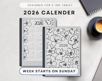 2026 Calendar Template for E-Ink Tablet as Remarkable 2, Paper Pro, Kindle Scribe, Monthly Planner, Sunday week start