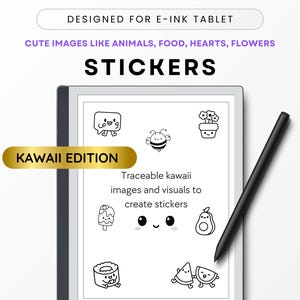 May include: A black and white digital drawing tablet with a stylus. The screen displays a collection of kawaii stickers, including a bee, a flower, a sushi roll, a popsicle, an avocado, and a watermelon.