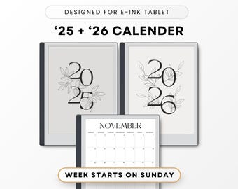 2025-2026 E-Ink Tablet Calendar, Monthly Planner (PDF)