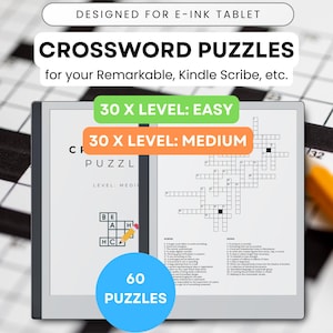 Puzzle Game Templates, Crossword Puzzles, Level Easy & Medium, 60 Crosswords for your E-ink Tablet as Kindle Scribe, reMarkable 2, Paper Pro