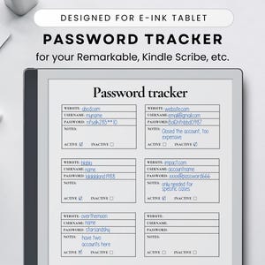 May include: Password tracker designed for e-ink tablets like Remarkable and Kindle Scribe. The digital planner features fields for website, username, password, and notes. The layout is in a light gray color.