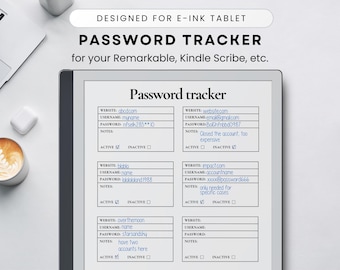 E-Ink Tablet Password Tracker: 64 Passwords, Hyperlinked Index (PDF)