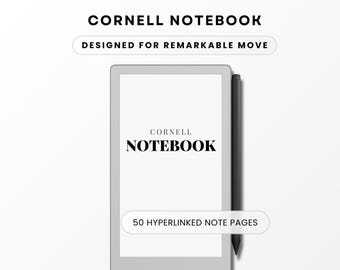 May include: A digital Cornell Notebook with the text "CORNELL NOTEBOOK" and "DESIGNED FOR REMARKABLE MOVE". The notebook has a stylus and the text "50 HYPERLINKED NOTE PAGES". The notebook is white with black text.