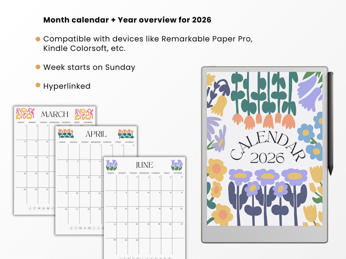 2026 Calendar Template for Remarkable Tablet, Monthly Planner (PDF) - Etsy