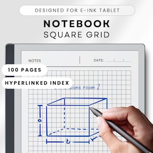 Peut inclure: Tablette numérique avec un écran affichant un cahier numérique à grille carrée. L'écran montre un diagramme bleu d'un cube avec des mesures étiquetées 'a' et 'b'. Le texte comprend 'NOTEBOOK SQUARE GRID', '100 PAGES' et 'HYPERLINKED INDEX'. Une main tient un stylet.