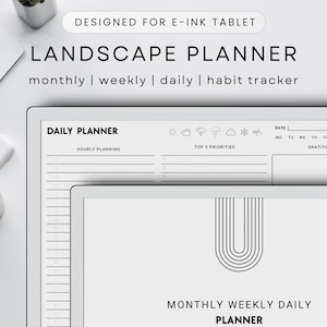May include: A black and white digital planner designed for e-ink tablets. The planner includes sections for daily, weekly, and monthly planning, as well as a habit tracker. The text on the planner reads "Landscape Planner" and "Monthly | Weekly | Daily | Habit Tracker".
