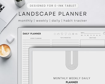 Landscape Planner Template for E-ink Tablet, Digital Horizontal Planner, Undated Planner, Monthly, Weekly, Daily, Habit Tracker, Dateless