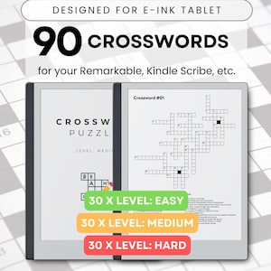 Puzzle Game Templates, Crossword Puzzles, Level Easy, Medium & Hard, 90 Crosswords for Kindle Scribe, reMarkable 2, Paper Pro, E-ink Devices