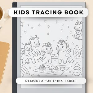 May include: A digital drawing of a kids tracing book with unicorns, stars, and hearts. The text "KIDS TRACING BOOK" and "DESIGNED FOR E-INK TABLET" are displayed on the image. A mug with a cat design and a stylus are also visible.