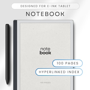 May include: A white e-ink tablet with a gray border, designed for note taking. The screen displays the text "note book" and "100 pages". The tablet also has a button that says "HYPERLINKED INDEX".