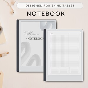 Op de afbeelding: Een digitaal notitieboek ontworpen voor e-ink tablets. Het notitieboek heeft een witte achtergrond met een grijs abstract ontwerp en de tekst "My notes - NOTEBOOK". De tweede afbeelding toont een pagina met een rasterpatroon aan de linkerkant en gestreept papier aan de rechterkant.