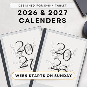 Remarkable 2-kalender 2026 + 2027, Sunday Start, pdf, hyperlink, esthetisch, sjabloon, ook voor Paper Pro, Kindle Scribe, Boox, SuperNote