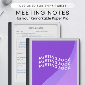 May include: Two e-ink tablets displaying meeting notes. One tablet shows a detailed meeting agenda, while the other features the text "MEETING BOOK" in white on a purple background. The text "DESIGNED FOR E-INK TABLET" is at the top.
