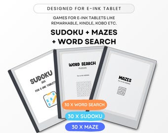 E-ink Tablet Puzzle Bundle, Mazes, Sudoku, Word Search (PDF Pattern)