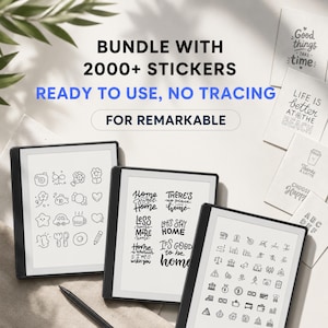 May include: Three black digital tablets displaying various black and white sticker designs, including icons and text. The text reads BUNDLE WITH 2000+ STICKERS READY TO USE, NO TRACING FOR REMARKABLE. Several printed cards with black text are also visible.
