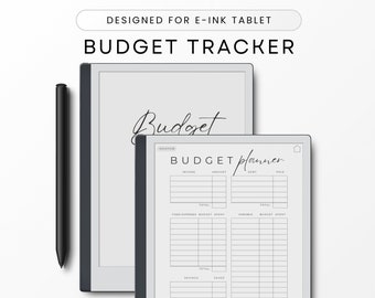 Puede incluir: Un planificador de presupuesto en blanco y negro diseñado para una tableta de tinta electrónica. El planificador incluye secciones para ingresos, gastos, deudas y ahorros.