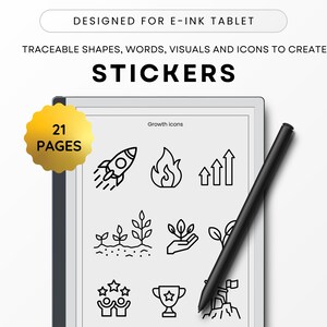 May include: A black and white e-ink tablet with a stylus, displaying a page of black and white line art icons. The icons are related to growth and include a rocket ship, a flame, an upward arrow, a plant, a hand holding a plant, a plant, a group of people with stars above their heads, a trophy with a star, and a mountain with a flag on top. The text "Growth icons" is at the top of the page. The tablet is surrounded by a white background. A gold sticker with the text "21 PAGES" is in the top left corner of the image.