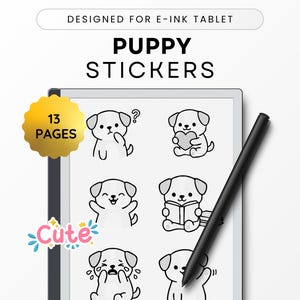 May include: Digital puppy stickers for e-ink tablets. The image shows a tablet displaying several cartoon puppy illustrations with different expressions. A black stylus rests on the tablet. The text reads "Puppy Stickers" and "Cute".
