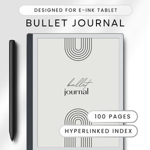 May include: A black and white digital bullet journal with a minimalist design. The cover features a stylized rainbow and the text "bullet journal". The journal has 100 pages and a hyperlinked index.