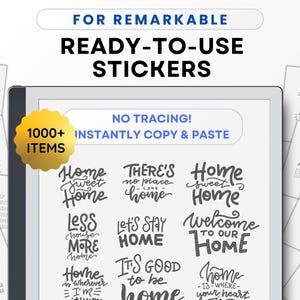Puede incluir: Pegatinas digitales para tabletas Remarkable. La imagen muestra una tableta que muestra varias frases con temas de hogar en una fuente manuscrita. El texto incluye "Home Sweet Home" y "Welcome to our Home". Hay pegatinas adicionales visibles en hojas de papel.