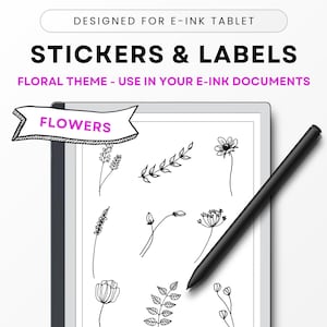 Op de afbeelding: Een digitale zwart-witte tekening van verschillende bloemenontwerpen op een witte achtergrond. De tekening wordt weergegeven op een zwart-witte e-ink-tablet. De tekst "FLOWERS" staat op een roze banner boven de tablet.
