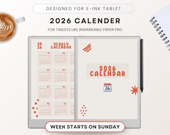 2026 Calendar Template, ReMarkable Paper Pro, E-Ink Tablet (PDF)