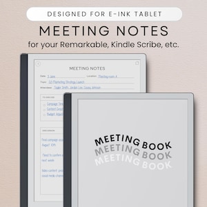 May include: A close-up of a black and white e-ink tablet displaying a meeting notes template. The template includes sections for date, topic, attendees, to discuss, and discussion. The text "MEETING NOTES" is displayed at the top of the template. The text "MEETING BOOK" is displayed three times in a stacked format on a second e-ink tablet.