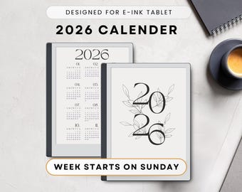 2026 E-Ink Tablet Calendar, Sunday Start, Interactive PDF (Digital Download)