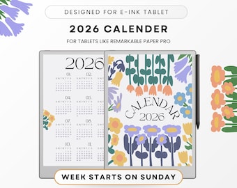2026 Calendar Template for Remarkable Tablet, Monthly Planner (PDF)