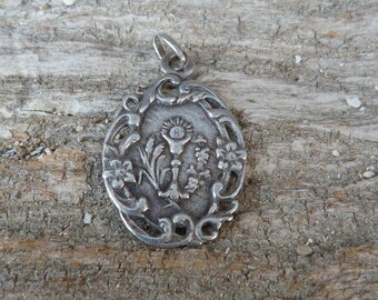 Vintage oude Franse 1900 sterling zilveren Heilige Communie-medaille met kelk en bloemen