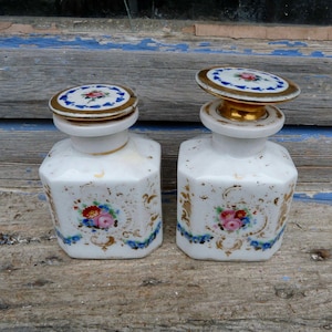 Antique  French Sevres Porcelain Vanity set Hand painted floral gold set of 2 perfume or cream bottles