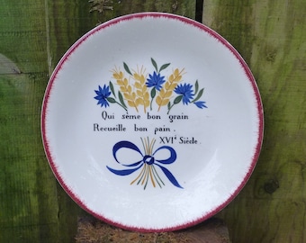 Vintage old French Gien dinner  plate  with text about bread