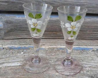 Vintage old  French 1850 /1900 clear  enameled liquor glasses  set of 2 small size