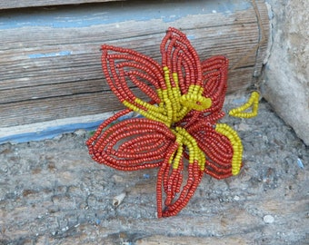 Vintage old French  orange  & yellow glass beads/  beaded flower /French beadwork