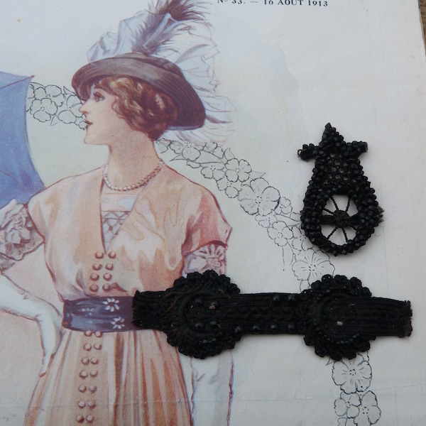 Antique 1880/1900 Victorian old French black jet glass seeds beads  trims/adornment  set of 2