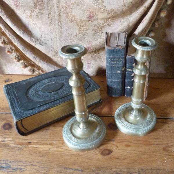 Vintage old French  pair of brass chiselled candle holders Chateau chic 1800