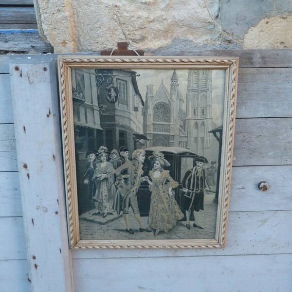 Tableau en soie tissé Neyret freres Le joyeux Rendez vous scene galante Paris Notre Dame