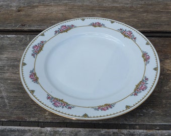 Puede incluir: Un plato de cerámica blanco con un borde dorado y un diseño floral en rosa, verde y azul.