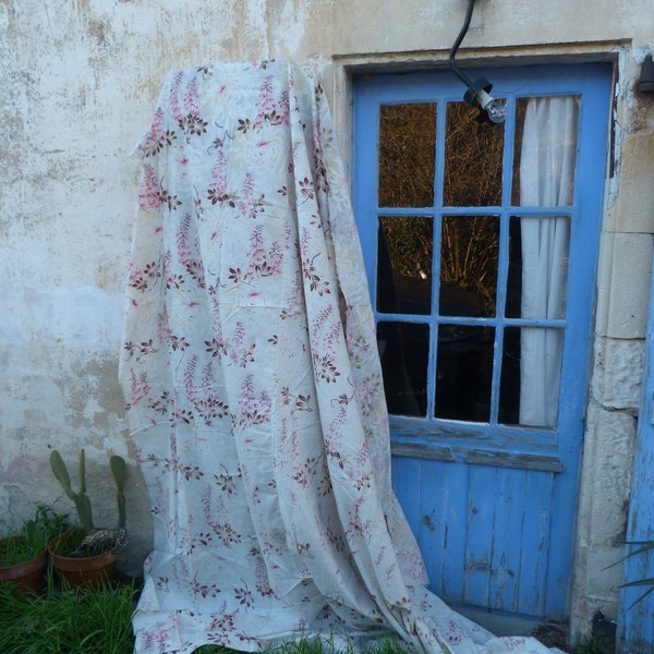 Antique  1890 /1900 French faded color printed cotton fabric floral Chrysanthemum 101 inches x 98 inches