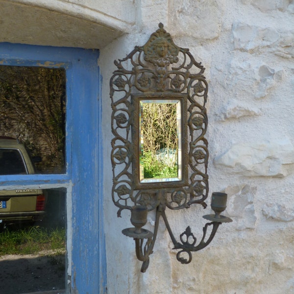 Ancienne applique murale en bronze doré avec bougeoirs