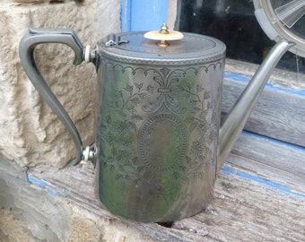 Vintage Antique Victorian 1870/1890 English silver plated Pewter engraved coffee pot or tea pot